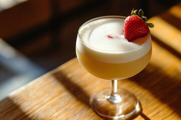 Poster - Refreshing strawberry cocktail served in a glass at a modern bar during daytime