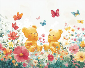 Playful gummy bears amidst vibrant flowers and butterflies on a bright white background for kids.