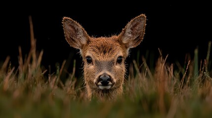 Wall Mural - Fawn peering from tall grass, dark background, wildlife portrait, nature print
