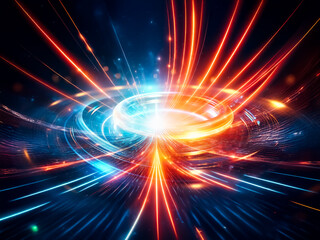 Poster - A luminous metallic ring floats on swirling, dark blue water, illuminated by vibrant blue and orange light, creating a futuristic, ethereal scene.