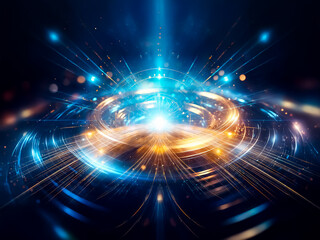 Aufkleber - Glowing golden ring encircled by vibrant blue light trails on a dark, reflective surface.  Sparkling particles add depth and dynamism to the scene.