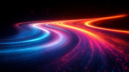 Fototapete - Abstract light trails in vibrant colors on dark background, futuristic digital artwork. Technology and innovation concept