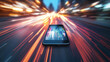 © Sahraya - Mobile site speed optimization isometric landing page. Smartphone and computer desktop with speedometer on screen. Internet page quick traffic loading, engine plugin test 3d vector line art web banner