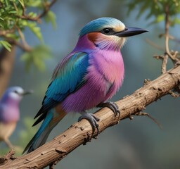 Lilac breasted roller in its natural habitat on a tree branch, nature reserve, explorer, close-up view