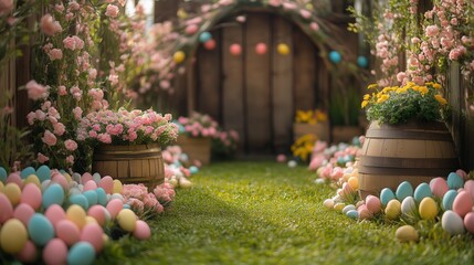 Wall Mural - Beautiful spring garden pathway adorned with flowers and colorful eggs for a festive celebration