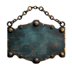 Rustic Wooden Sign, Hanging Chain, Antique Metal, Weathered Texture, Dark Teal Paint, Decorative Bol