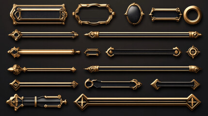 Wall Mural - medieval buttons, ui game menu elements, gold metal oblong banners and ornate rims. empty royal gui 