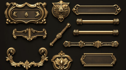 Wall Mural - medieval buttons, ui game menu elements, gold metal oblong banners and ornate rims. empty royal gui 