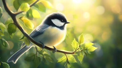 Wall Mural - Charming Bird Perched on Branch Surrounded by Soft Green Leaves