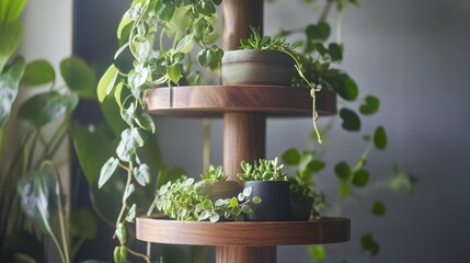 Canvas Print - Indoor vertical garden with wooden shelves and green foliage in natural light