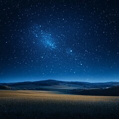 a clear, starry night sky above a peaceful countryside landscape