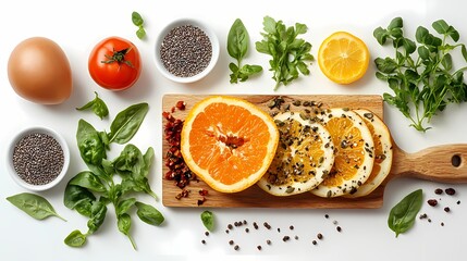 healthy and well balanced food. Mediterranean diet on white background. Flat lay with copy space