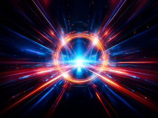 Aufkleber - Vibrant abstract image featuring a central glowing circle emitting dynamic red and blue light rays on a dark backdrop, creating a sense of speed and energy.