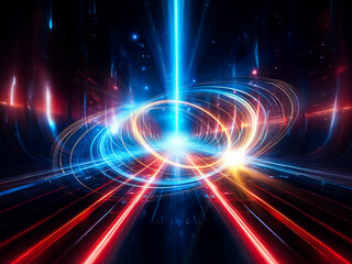Poster - Glowing, concentric rings of blue and gold light orbit each other against a black background.  The effect is dynamic and suggests motion, energy, and cosmic phenomena.