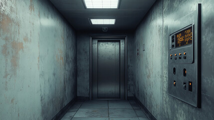 Open and closed elevator doors in office hallway. Vector realistic empty modern interior with lift, metal panel with buttons and floor display on wall in hall of hotel or house