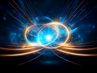 Aufkleber - Intertwined luminous rings, golden and blue, swirl in a cosmic dance against a dark background.  Glowing energy radiates outwards, creating a vibrant, ethereal effect.