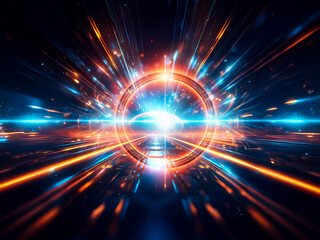 Aufkleber - A vibrant abstract image features a central glowing circle, surrounded by energetic streaks of blue and orange lights, evoking a futuristic and dynamic sense.