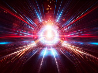 Poster - A mesmerizing circular portal glows with vibrant blue light, surrounded by radiating beams in a dark, futuristic setting.  The image evokes speed and technological advancement.