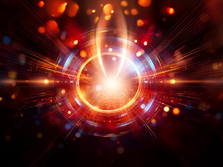 Poster - Vibrant abstract image featuring a central glowing orb emitting radiant light and energy in warm tones against a dark backdrop.  A dynamic and captivating visual.
