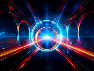 Aufkleber - Abstract image of glowing concentric circles, blue and gold, emitting light against a dark background.  A horizontal light streak crosses the center.