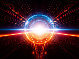 Poster - Abstract image of concentric glowing rings in blue and orange hues, intersected by a bright horizontal light beam against a black background.  The central light source radiates energy.
