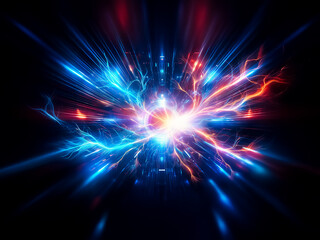 Poster - Abstract artwork depicting a vibrant, radial light explosion with a central dark circle.  The image features contrasting blue and red hues, creating a dynamic and energetic visual.  Suggests speed, en
