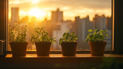 Canvas Print - Sunlit urban window herb garden with four potted plants at sunset