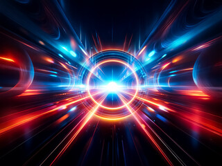 Poster - A vibrant, glowing circular portal emits bright blue and orange light streaks against a dark background.  The energy pulses outward, creating a sense of speed and movement.