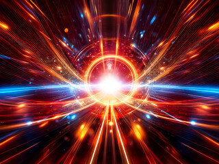 Aufkleber - Abstract image depicting a glowing orange and blue ring, resembling a portal or wormhole, surrounded by streaks of light against a dark background.  Speed and energy are implied.