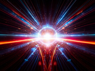 Poster - Abstract digital art depicting a bright blue circular light source at the center, emanating radiant streaks across a dark background, suggesting speed and energy.  The overall effect is futuristic and