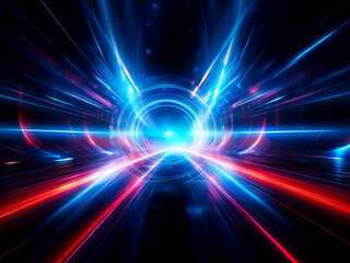 Poster - Intense blue light bursts from a metallic circular core, radiating outwards in a dynamic, futuristic display.  Speed and energy are vividly conveyed through the bright streaks.