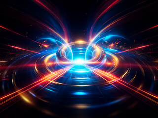Poster - Glowing blue and gold rings float on a dark surface, surrounded by shimmering particles.  The concentric circles create a mesmerizing, futuristic effect.