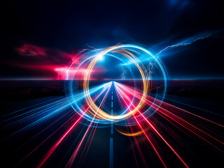 Poster - Intertwined luminous rings, blue and gold, glow brightly against a dark background.  The concentric circles create a sense of movement and energy.