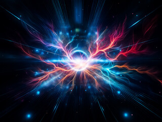 Aufkleber - Abstract digital art depicting a glowing blue ring at the center of converging light streaks in a dark space.  The image evokes a sense of speed and futuristic technology.