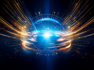 Poster - Glowing circular platform with blue and gold light rays emanating from its center, set against a dark background with sparkling particles.  The scene evokes a futuristic or magical atmosphere.