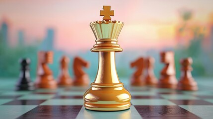 A golden chess king stands prominently on a chessboard, surrounded by other pieces, with a soft, blurred background suggesting a strategic game.