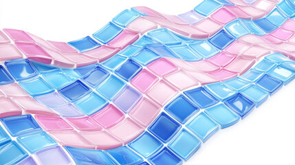 Mosaic pattern with marine design - blue and pink square tiles arranged in curved waves. Realistic 3d vector border of swimming pool decoration, bathroom surface, Mediterranean style interior element.