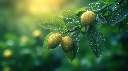 Sticker - Fresh Yellow Fruit With Water Drops On Branch