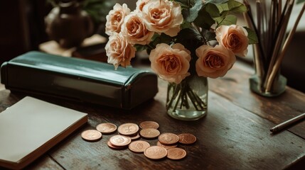 Canvas Print - A beautifully crafted coffin highlighted by a bouquet of peach roses, alongside scattered copper coins and notebooks on a minimalist desk.