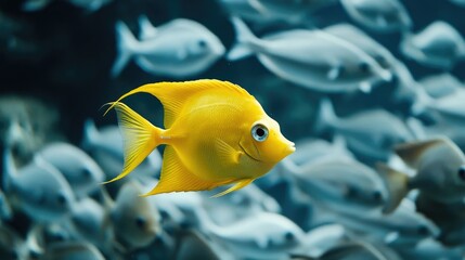 Poster - A close-up of a yellow fish defying the current, moving against a school of gray fish in a serene underwater scene.