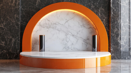 Wall Mural - 3d abstract orange arch podium for product display background. White minimal round platform. Modern geometric showcase with empty cylinder stand. Realistic cosmetic base mockup on marble floor