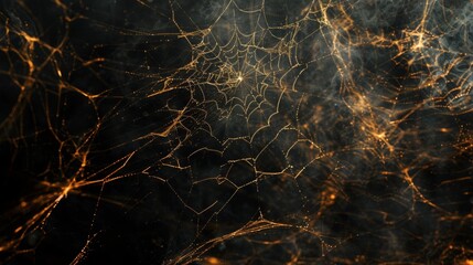 Intricate spider web glistening with dew against a dark background in the early morning light
