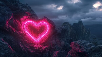 Sticker - A glowing pink neon heart embedded in a rock face, with jagged cliffs and a dramatic cloudy sky in the background