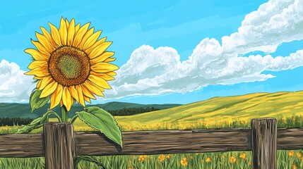 Canvas Print - A golden sunflower peeking over a wooden fence with rolling hills and a bright blue sky in the background, hand-drawn