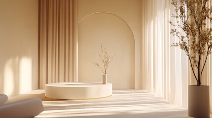 Wall Mural - A modern luxury-themed podium in white and gold, bathed in soft, warm light for a stylish composition.