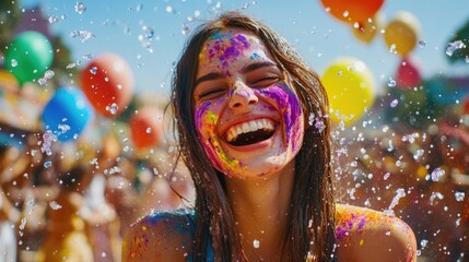 Woman smiling at camera with joy, surrounded by multicolored balloons and confetti in a festive garden setting.