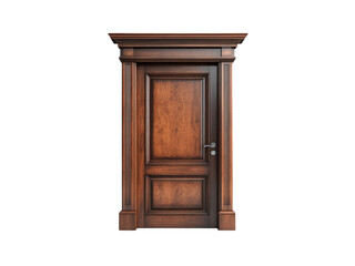 Elegant wooden door with intricate details and classic design against a black background.