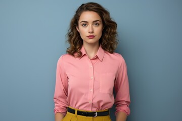 Wall Mural - A woman in a pink shirt and yellow skirt is standing in front of a blue wall