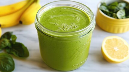 Wall Mural - Healthy green smoothie with bananas and lemon slices. A refreshing, antioxidant-rich beverage.