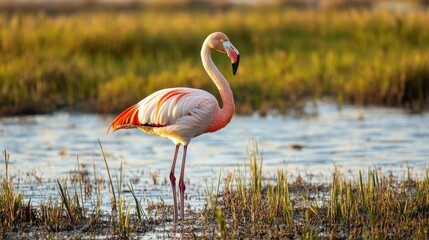 Wall Mural - Chilean Flamingo Standing in Shallow Water